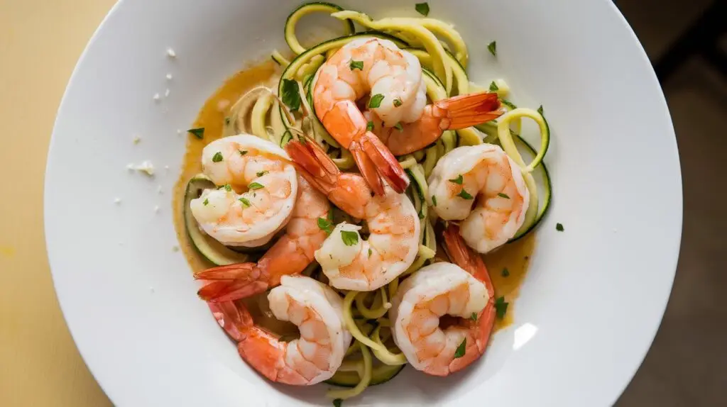 Creamy keto friendly dish made with garlic butter sauce and zoodles. Dish is plated on a white dish with shrimp and zoodles and parmesan