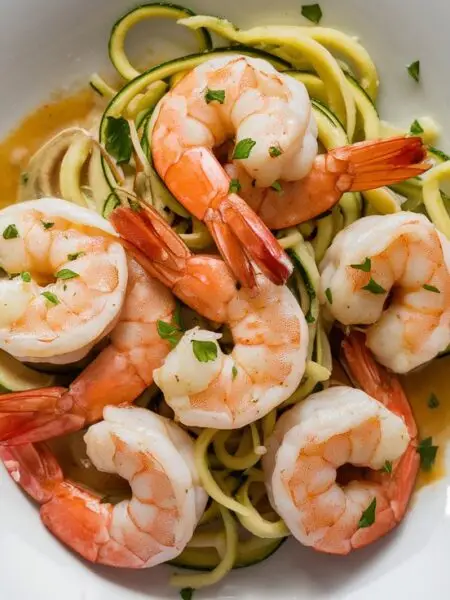 Creamy keto friendly dish made with garlic butter sauce and zoodles. Dish is plated on a white dish with shrimp and zoodles and parmesan