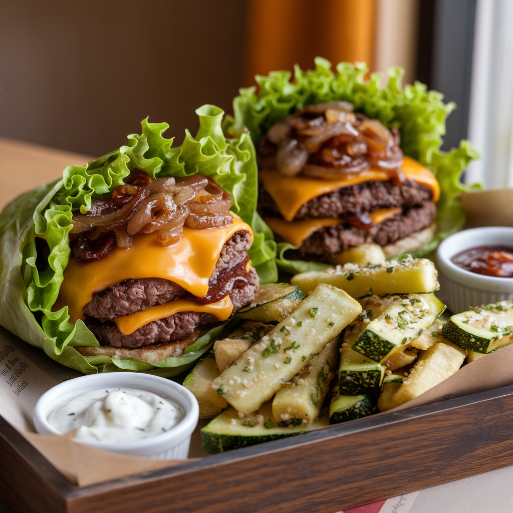 Keto In-N-Out Style Protein Burgers with Crispy Garlic Zucchini Fries