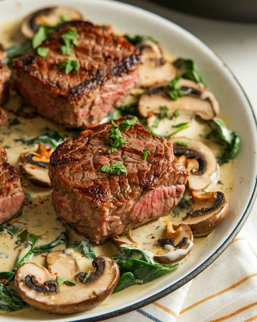 Keto Garlic Butter Steak Bites with Creamy Spinach & Mushrooms