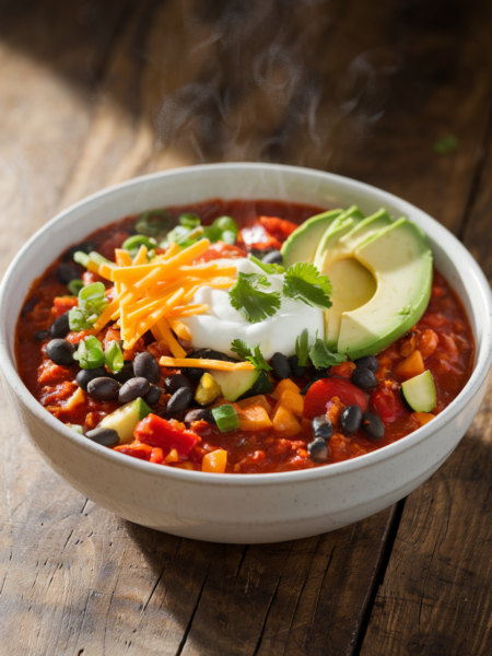 hearty chili bowl showing off the toppings of sour cream, shredded cheese, and avocado