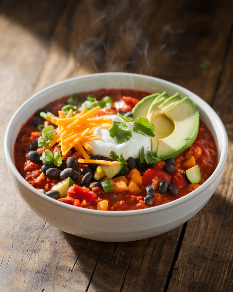 hearty chili bowl showing off the toppings of sour cream, shredded cheese, and avocado