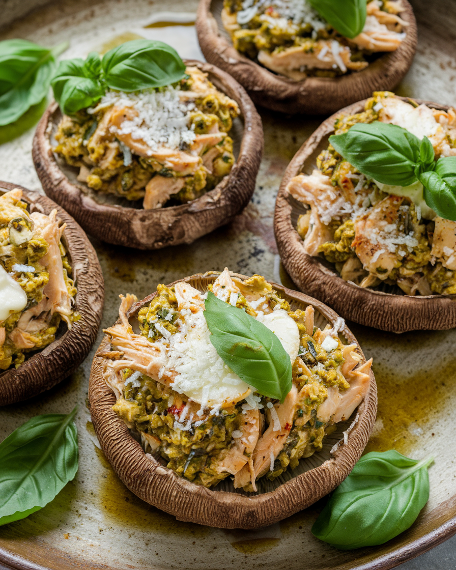 Keto Pesto Chicken Stuffed Mushrooms