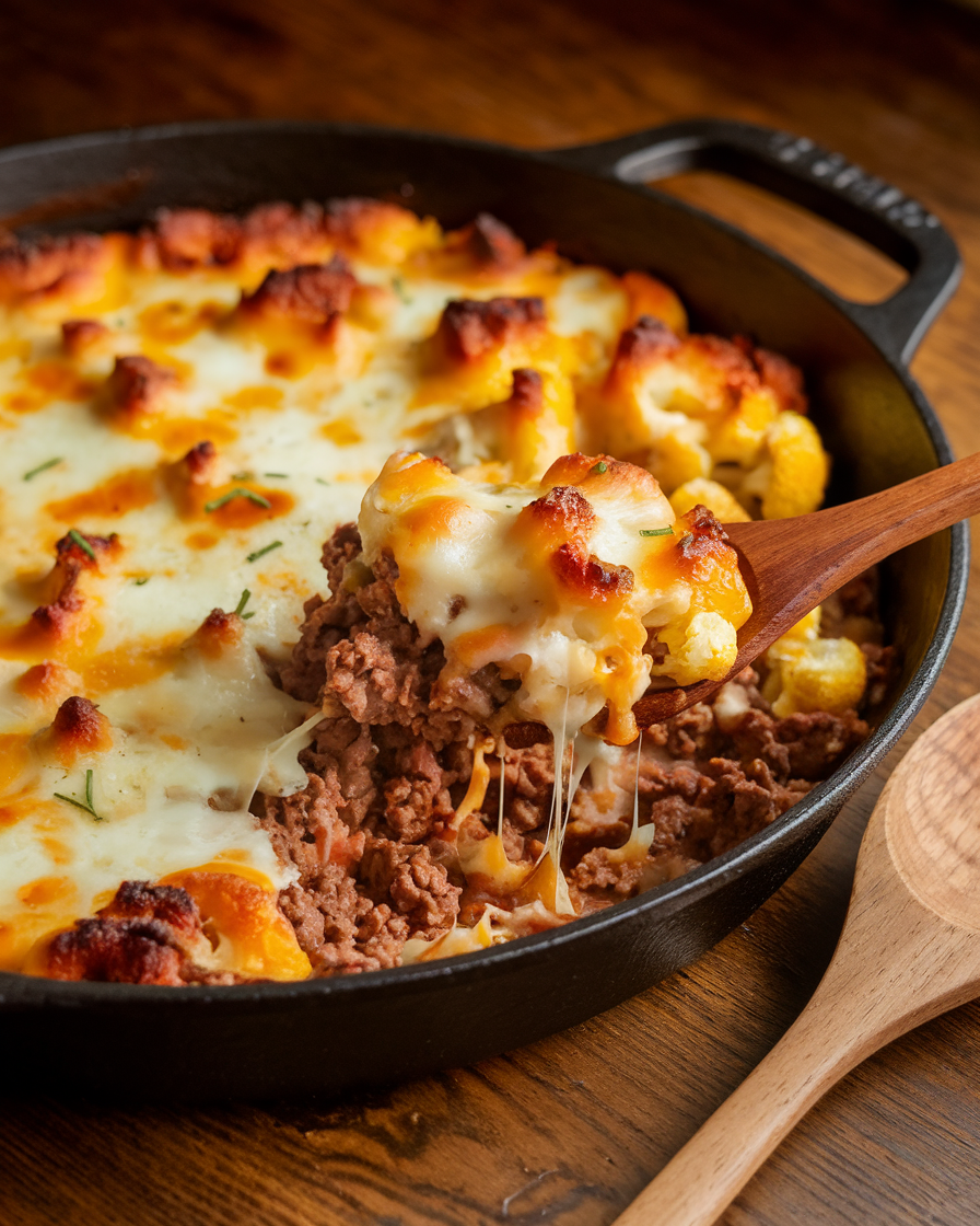 Cheesy Cauliflower and Ground Beef Skillet