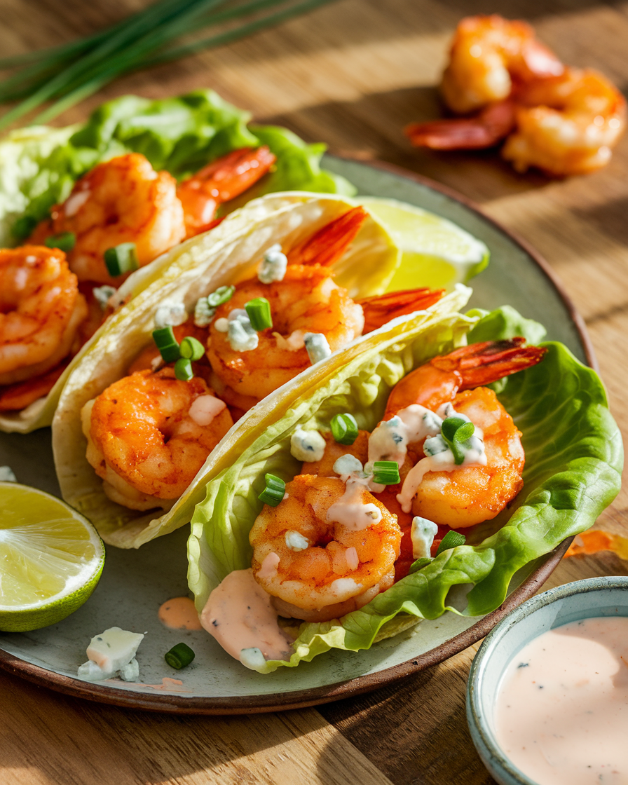 Crispy Keto Buffalo Shrimp Tacos (with Lettuce Wraps)