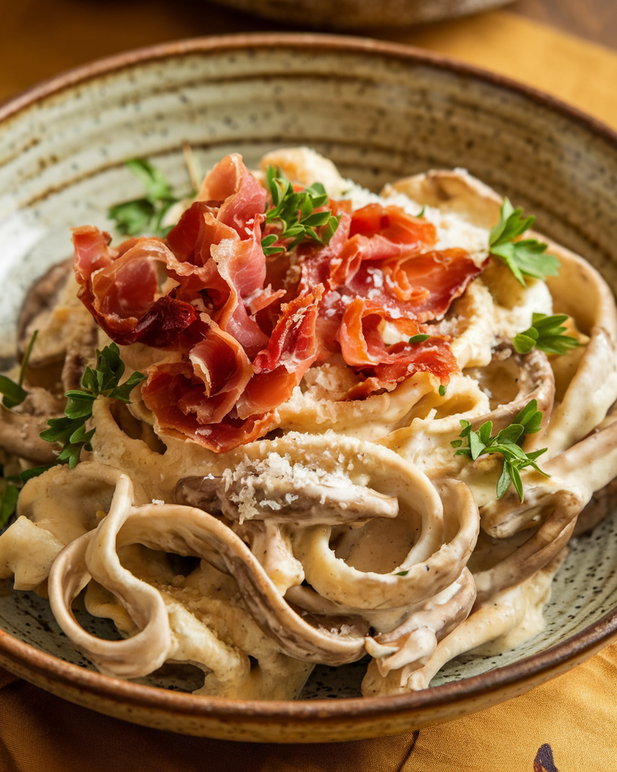 King Oyster Mushroom “Pasta” in a Creamy Garlic Sauce: A Keto Noodle Alternative