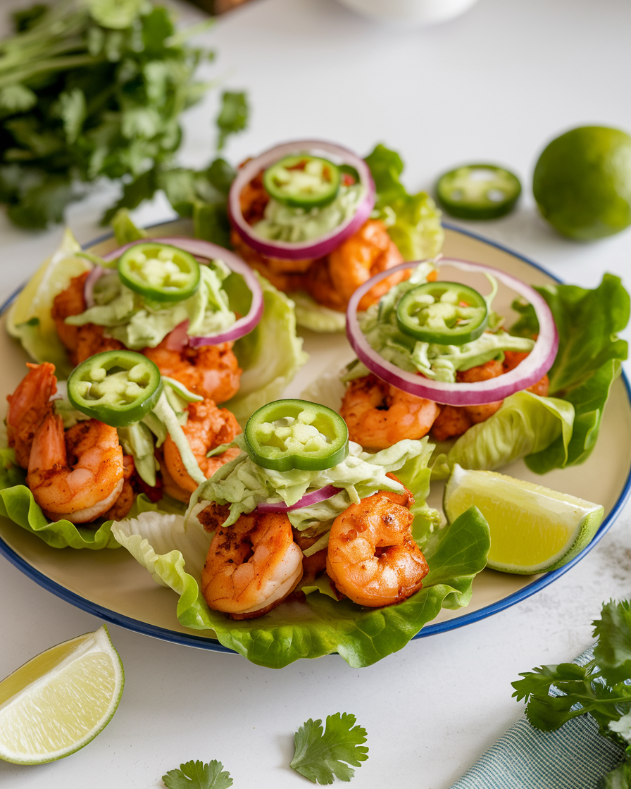 Spicy Shrimp Tacos with Avocado Slaw (Lettuce Wraps)