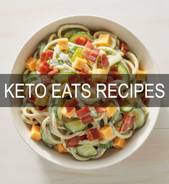 Keto bacon ranch pasta salad with noodles, bacon, cheddar, cucumber, and green onions