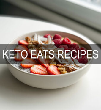 Keto berry coconut chia pudding in a white bowl with strawberries and toasted coconut