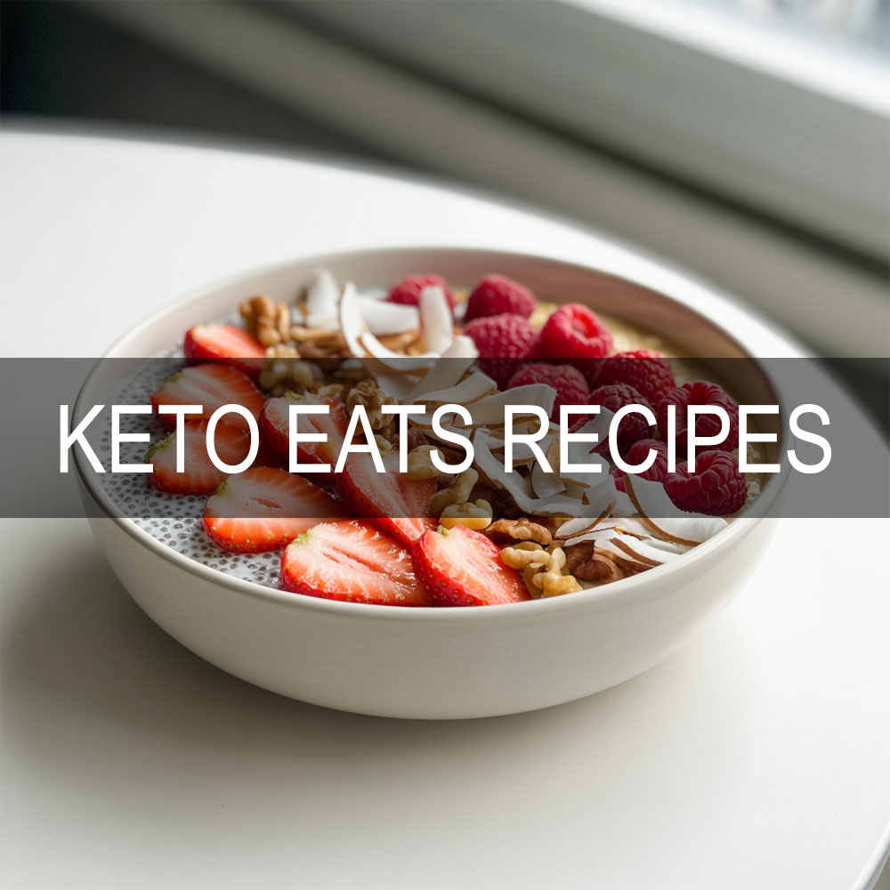Keto berry coconut chia pudding in a white bowl with strawberries and toasted coconut