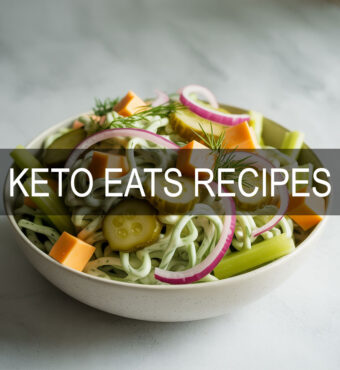 Keto dill pickle pasta salad with shirataki noodles, cheddar, pickles, and creamy dill dressing