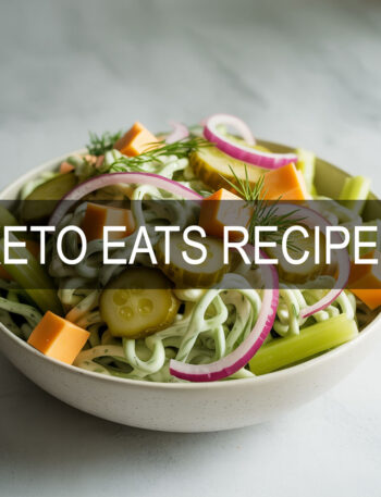 Keto dill pickle pasta salad with shirataki noodles, cheddar, pickles, and creamy dill dressing