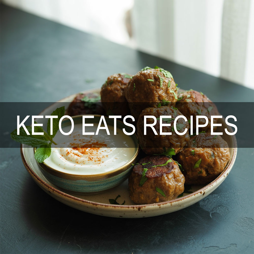 Keto Moroccan lamb meatballs served with mint yogurt dip on a rustic plate
