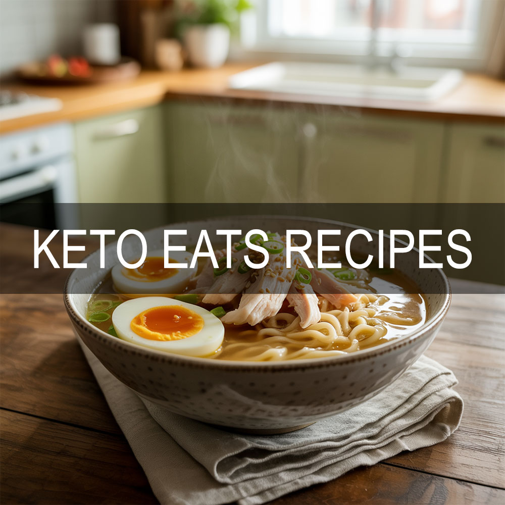 Keto bone broth ramen with shirataki noodles, soft-boiled eggs, and chicken in a ceramic bowl