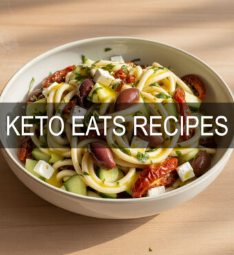 Mediterranean keto pasta salad with hearts of palm noodles, feta, olives, sun-dried tomatoes, and lemon vinaigrette